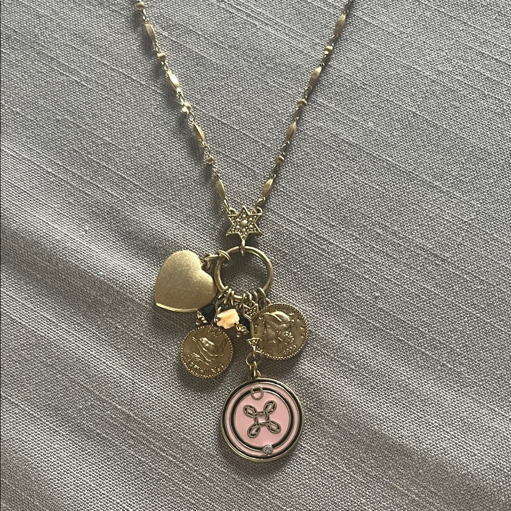 CAbi Gold-Tone Charm Necklace with Pink Enamel Medallion